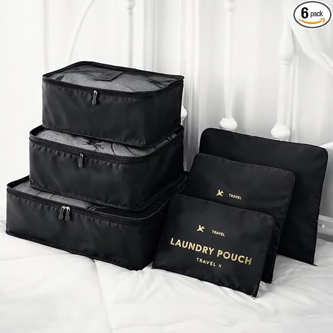 6 Set Travel Packing Cubes for Luggage – Laundry Pouch Organizer Bags, Lightweight Storage Pouches for Clothes, Shoes, and Toiletries (black)