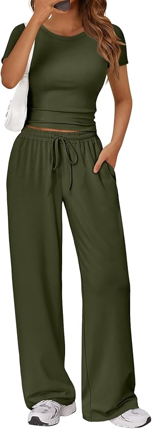 Trendy Queen 2 Piece Matching Summer Lounge Set Womens Side Ruching Top Wide Leg Pants Sets with Pockets