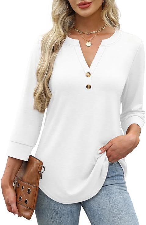 OFEEFAN Womens Tops 3/4 Sleeve Henley Shirts for Women Summer Outfits Fashion Clothing