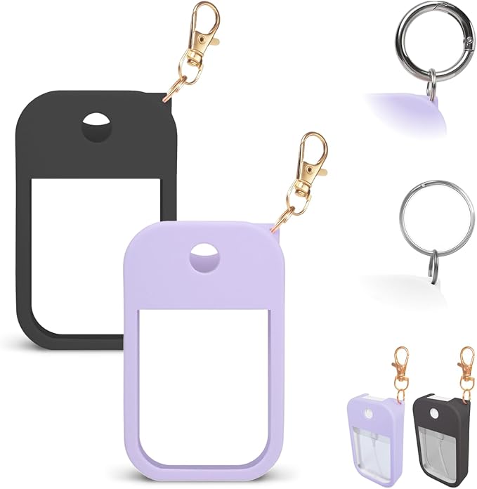 2 PCS Soft Silicone Case for Touchland Power Mist (1FL. OZ./30 mL), Protective and Stylish Case with Keychain Compatible with Touchland Hand Sanitizer Spray (Purple/Black)