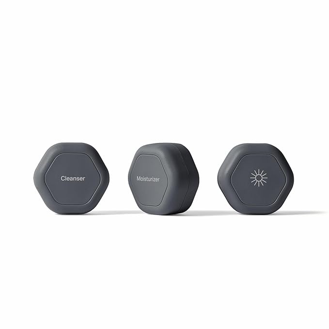 Cadence Travel Containers Basic Skincare Set - Magnetic Containers with Lids,Carry On Travel Essentials For Women/Men - 3 Small Capsules (0.56oz) - Cleanser, Moisturizer & Sun-Icon Labels - Charcoal