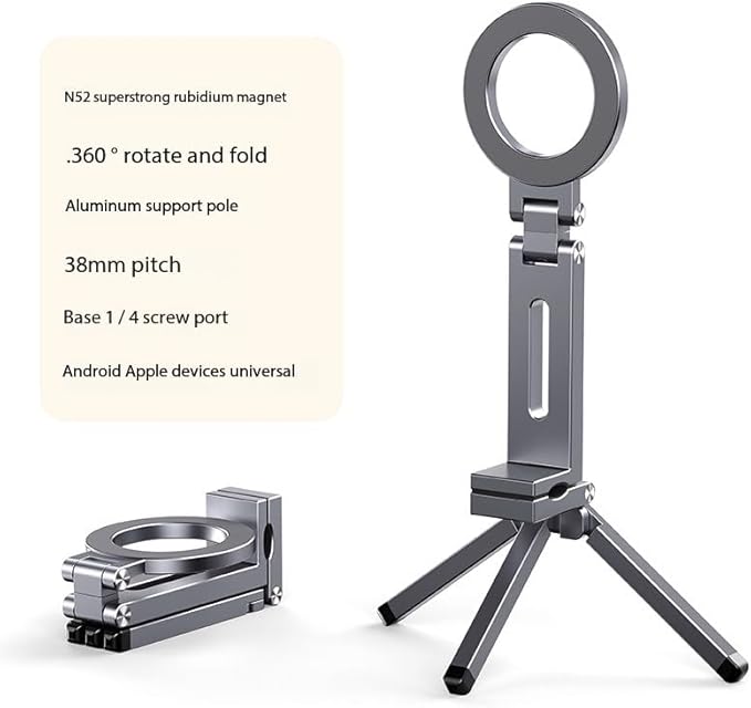 360° Rotation Magnetic Phone Stand with Tripod,Portable and Foldable Aluminium Alloy Phone Holder,Suitable for iPhone and All Mobile Phones,Essential Items for Flying or Traveling（Gray）