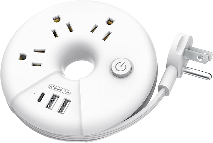 Travel Power Strip, NTONPOWER 3 Outlets 3 USB(1 USB C) Cruise Approved Power Strip, Short Extension Cord 3ft, Travel Essentials for Home, Hotels, Cruise Ship, Vacation, White, i-Donut