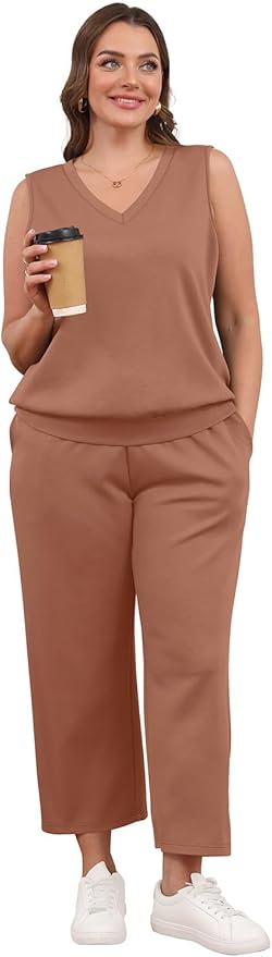 WIHOLL Two Piece Set for Women Summer Outfits Vacation Trendy Lounge Sets V Neck Matching Sets