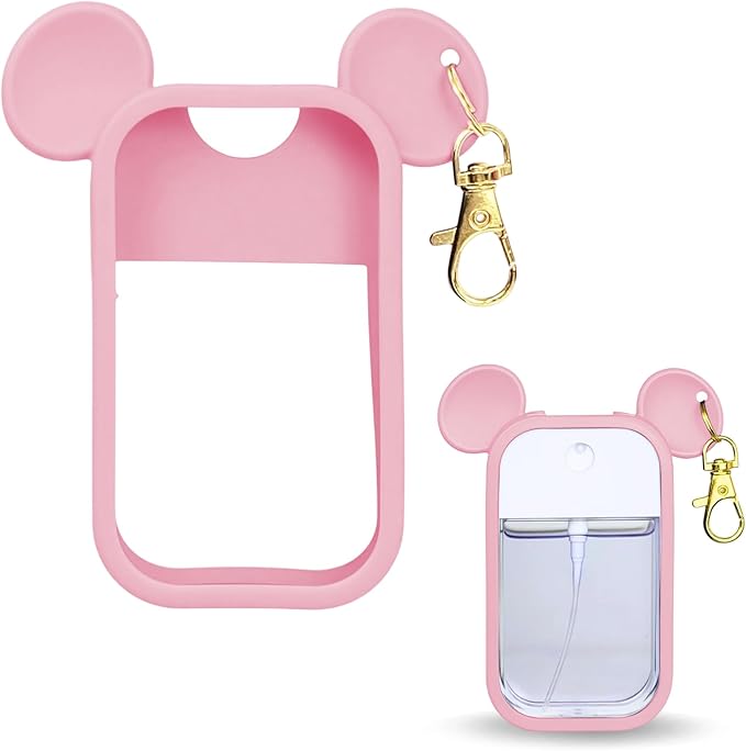 Mouse Design Silicone Case Compatible with Touchland Hand Sanitizer Spray 1 fl oz, Silicone Protective Case Holder with Keychain for Power Mist and Glow Mist, Pink