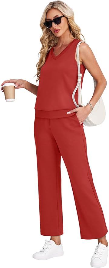 WIHOLL Two Piece Set for Women Summer Outfits Vacation Trendy Lounge Sets V Neck Matching Sets
