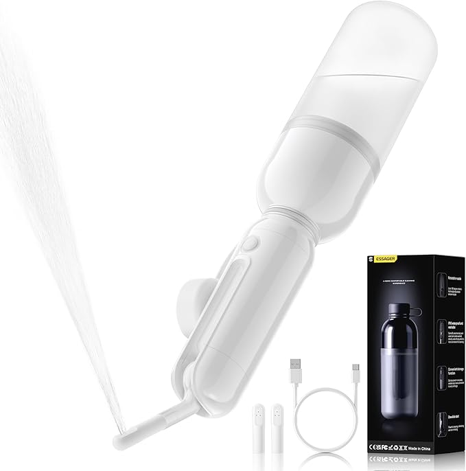 ESSAGER Portable Bidet for Travel, Foldable & Rechargeable Handheld Sprayer–Waterproof with 2 Pressure Modes, 350ml Expandable Bottle for Women, Men, Baby, Postpartum & Personal Hygiene(White)