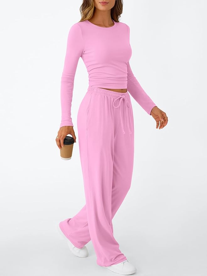 Trendy Queen Women's 2 Piece Matching Lounge Set Long Sleeve Side Ruching Top Wide Leg Drawstring Pants Set with Pockets