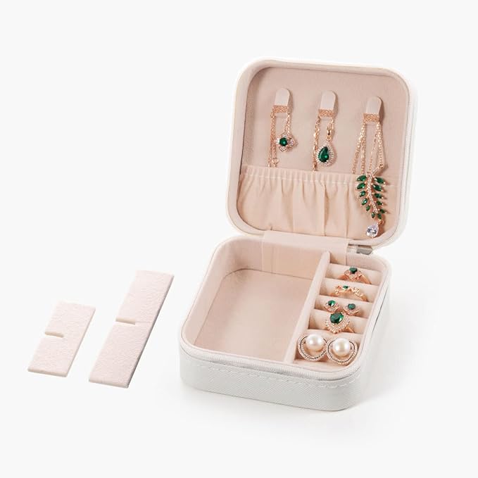 ZPROW Travel Jewelry Case, Mini Portable Jewelry Travel Boxes, Small Jewelry Organizer for Rings, Earrings, Pendants, Watches, Necklaces, Lipsticks Organizer Storage Holder Case (White)