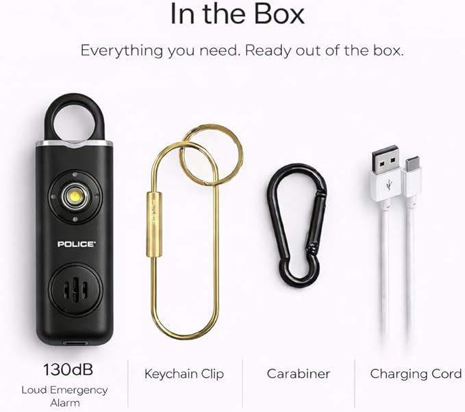 Police Personal Safety Alarm Keychain, Rechargeable Loud Emergency Alarm w/ Strobe Light, Portable Self Defense Alarm for Women, Kids, Seniors, Travel, Black