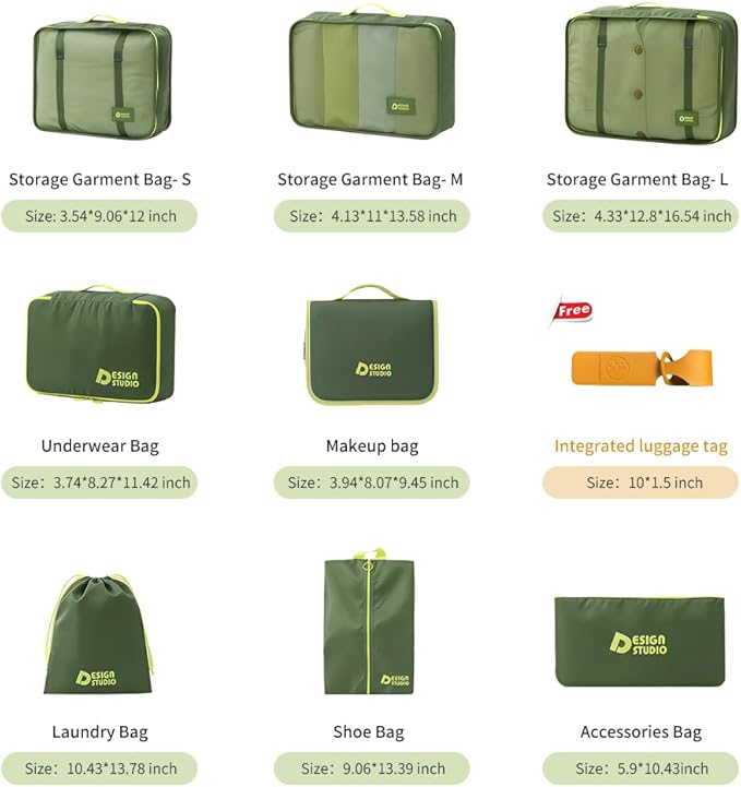 8-Piece Expandable Packing Cubes Set with Hanging Toiletry Bag, Lightweight Compression Travel Organizers for Carry-On Suitcase (Green)