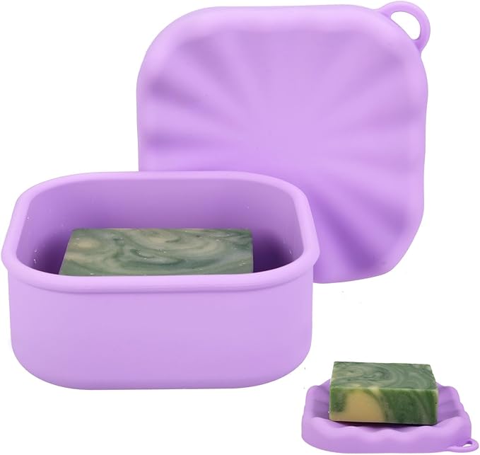 Square Travel Soap Case, Bar Soap Holder for Dr Squatch, Silicone Soap Case with Soap Saver, Portable Shampoo Bar Soap Box for Shower, Travel, Camp (Light Purple)