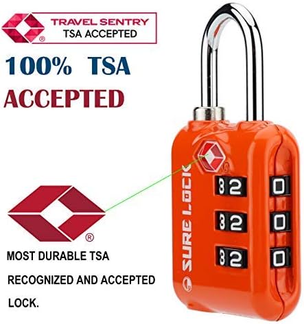 SURE LOCK TSA Approved 3 Digit Luggage Locks With Zinc Alloy Body and Hardened Steel Shackle To Lock Travel Suitcase