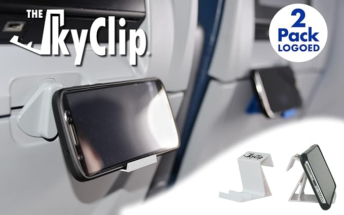 The SkyClip Airplane Cell Phone Back of Seat Inflight Tray Table Clip and Sturdy Phone Stand, Compatible with iPhone, Android, Tablets, and Readers, Travel Must Have (Logo - 2 Pack)
