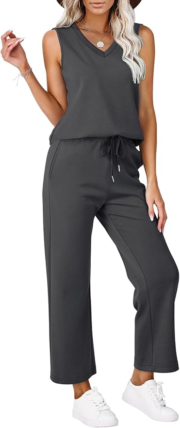 WIHOLL Two Piece Set for Women Summer Outfits Vacation Trendy Lounge Sets V Neck Matching Sets