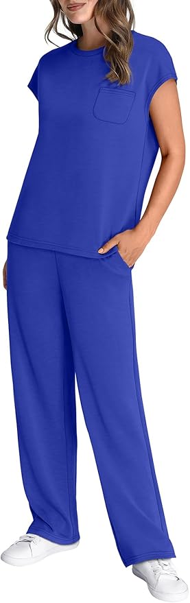 WIHOLL 2 Piece Sets for Women Casual Summer Travel Vacation Outfits Cap Sleeve Lounge Set