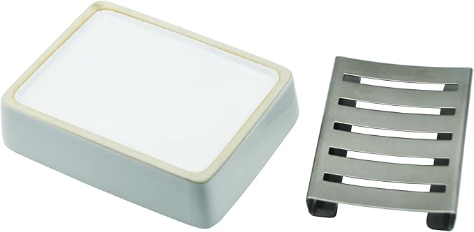 Ceramic Soap Dish, 4.92 Inch Rectangle Soap Holder with Stainless Steel Draining Layer, for Shower,Bathroom,Kitchen Sink Organizer