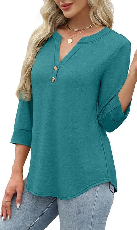 OFEEFAN Womens Tops 3/4 Sleeve Henley Shirts for Women Summer Outfits Fashion Clothing
