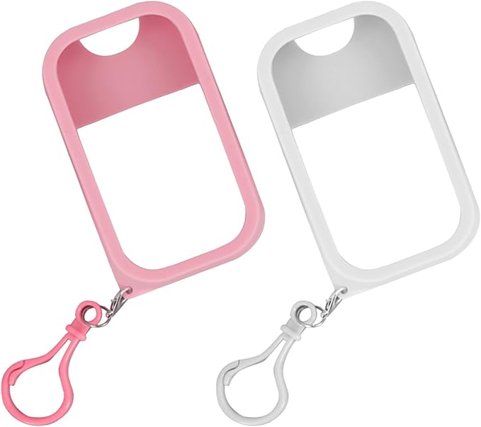 2PCS Silicone Case Compatible with Hand Sanitizer Spray, Protective Case with Keychain for Power Mist and Glow Mist 1.69fl.oz, Hand Sanitizer Spray Accessory (White & Pink)
