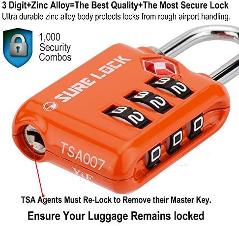 SURE LOCK TSA Approved 3 Digit Luggage Locks With Zinc Alloy Body and Hardened Steel Shackle To Lock Travel Suitcase