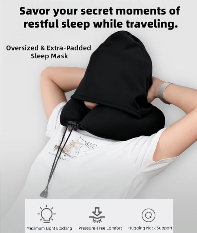 Travel Neck Pillow with Extra Large Hood Rollable Airplane Hooded Neck Pillow with Memory Foam Filling and Removable, Skin-Friendly Cover with Carrying Case & Pouch (Velvet)