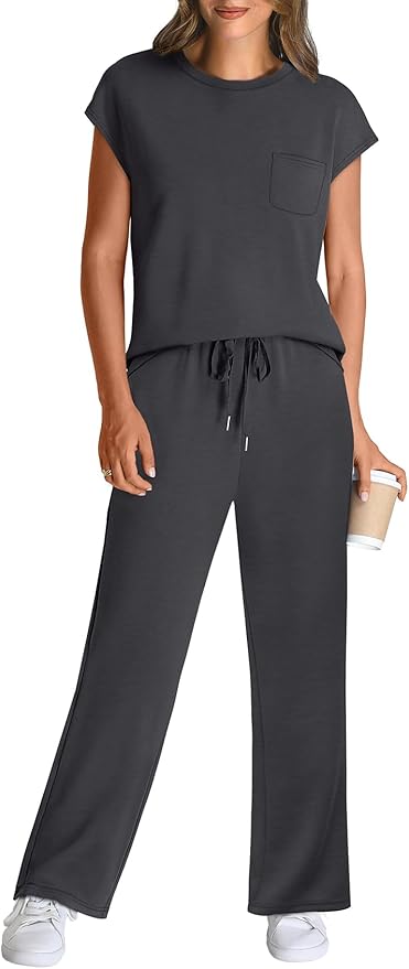 WIHOLL 2 Piece Sets for Women Casual Summer Travel Vacation Outfits Cap Sleeve Lounge Set