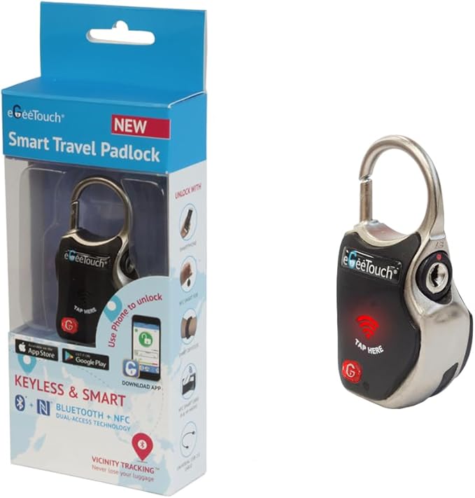 eGeeTouch Smart Travel Padlock with Patented Dual Access Technologies (NFC + BT), Vicinity Tracking, etc. (BLACK)