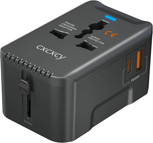 20W PD Fast Charging Universal Travel Adapter, 3-in-1 with 1 Type-C & 1 USB-A Ports, European Plug, International Power Adapter for US/JP/EU/UK/AUS/CHN, Worldwide Travel Essentials