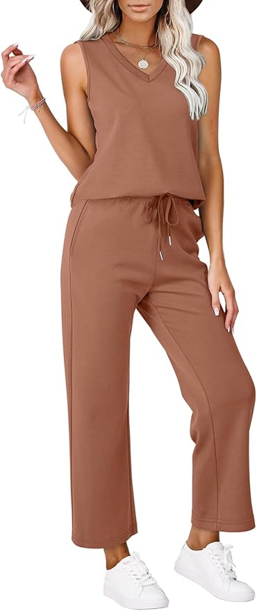 WIHOLL Two Piece Set for Women Summer Outfits Vacation Trendy Lounge Sets V Neck Matching Sets