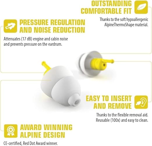 Alpine FlyFit - Earplugs for Pressure Relief & Preventing Ear Pain While Flying - Airplane Travel Essentials - Comfortable Reusable Hypoallergenic Earplugs with Ultra Soft Filter