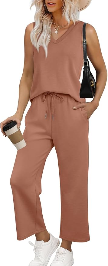 WIHOLL Two Piece Set for Women Summer Outfits Vacation Trendy Lounge Sets V Neck Matching Sets