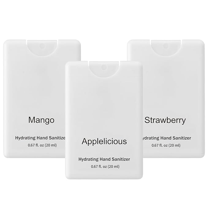 Set of 3 Power Mist Hydrating Hand Sanitizer Spray Bulk Travel Size Quick-drying Hand Sanitizer 0.67 Fl. oz Compact Card Spray Bottle Mango Apple Strawberry Scent for Handbag Desk Drawer Pocket