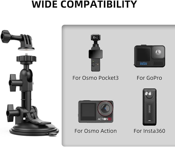 SUREWO Pocket 3 Suction Cup Mount, Car Mount Windshield Window Dash Holder Kit with Expansion Adapter for DJI Osmo Pocket 3,GoPro Hero 13/12/11/10/9/8,DJI Action 5 Pro/4/3 Accessories (for Pocket 3)