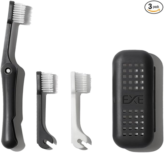 Minibox Folding Travel Toothbrush with Dual-Length Bristles & Case, Compact Mini Design for Business Trips, Camping, and Outdoor Activities, 1 Pack with 2 Extra Replaceable Brush Heads, Black & White