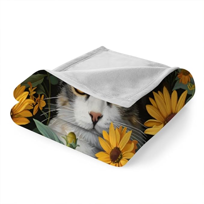 Cats Print Throw Blanket, Fleece Blanket for Couch Bed Sofa, Daisy Flowers Blankets and Throws, Pet Animal Super Soft Cozy Plush Flannel Blanket, 50 x 60 in, Yellow Sunflower
