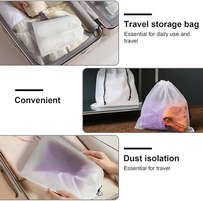 Shoe Bags for Travel, Waterproof Travel Clear Plastic Drawstring Bags, Storage Bags,2 Pcs 15.7" x 11.8" Large Packing Cubes for Storage, Travel Essentials, Men's and Women's (Clear)