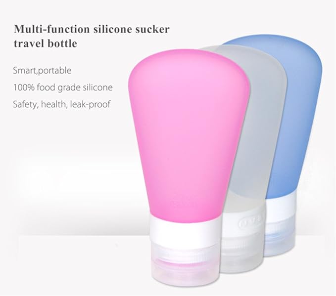 3 Pack Portable Food Grade Squeeze Silicone Liquid Travel Bottles For Shampoo, Conditioner, Lotion, Toiletries (3 OZ Pink + White + Blue)