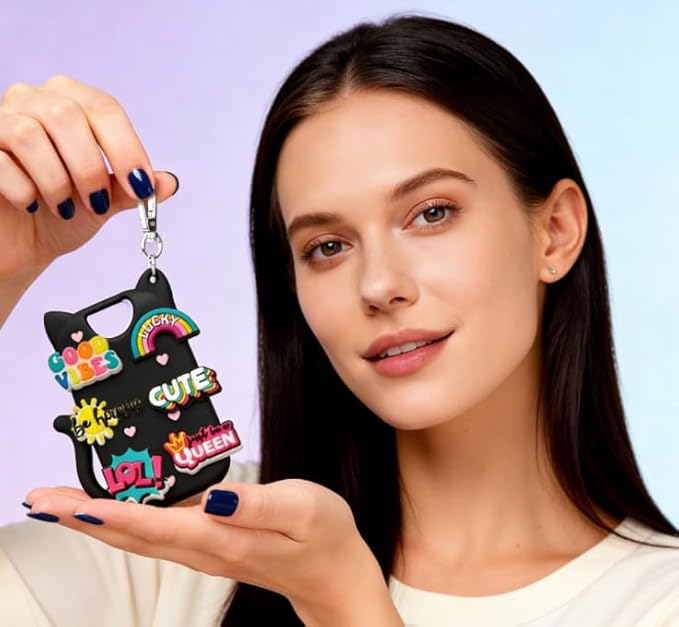 Portable Silicone Case Compatible with Touchland Hand Sanitizer 1 FL OZ / 30ML, Cute Cat-Shaped Case with 8 Charms and Keychain, Hand Sanitizer Spray Accessory, Gift for Women And Teens. (Black cat)
