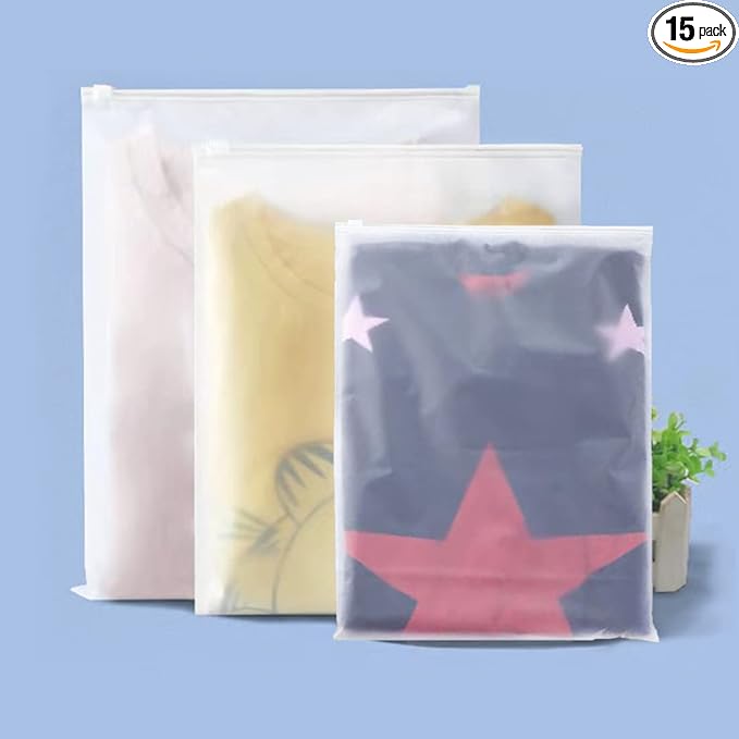 Belit Travel Storage Bag, 15 Pcs Clear Storage Bags Frosted Zipper Bags for Clothes, Shoes, Toiletries, Luggage Storage, 3 sizes 12x14 inch, 14x18 inch, 16x24 inch