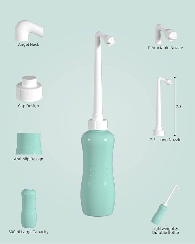 Hibbent 2 Pack 500ml Portable Bidet Sprayer for Women or Men, Handheld Travel Bidet for Personal Hygiene, Jet Spray Bottle for Toilet & Bathroom, Peri Bottle for Postpartum Care, Travel Bag, Green