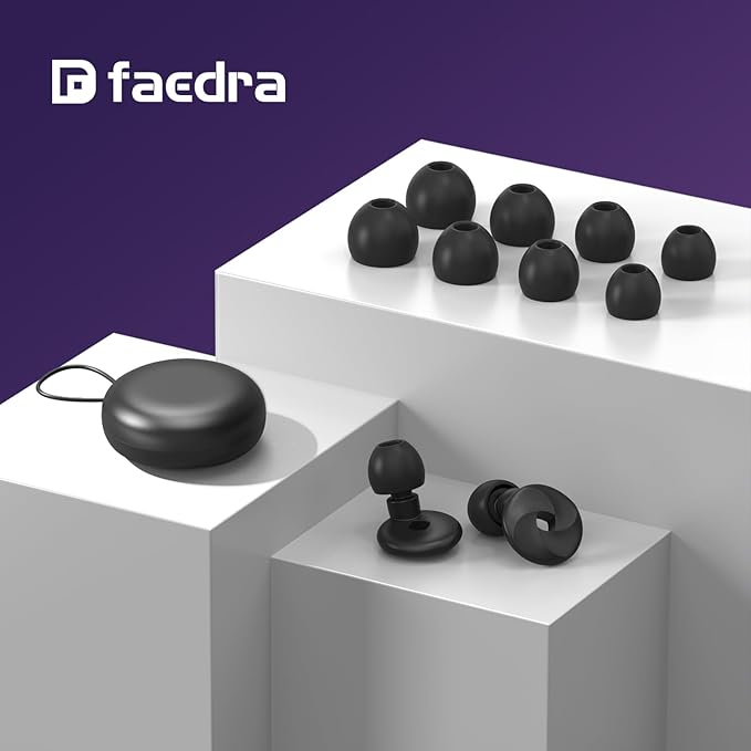 Faedra Ear Plugs for Sleeping 40dB Noise Cancelling, Reusable Soft Silicone Ear Plugs for Noise Reductiong, Earplugs for Sleep with 8 Ear Tips for Concerts, Snoring, Work, Shooting, and Travel (Black)