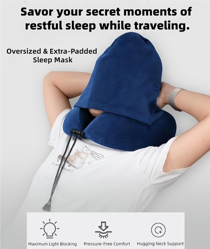 Travel Neck Pillow with Extra Large Hood Rollable Airplane Hooded Neck Pillow with Memory Foam Filling and Removable, Skin-Friendly Cover with a Carrying Pouch