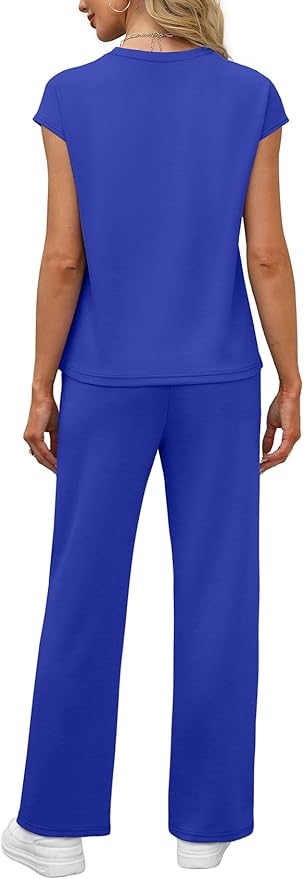 WIHOLL 2 Piece Sets for Women Casual Summer Travel Vacation Outfits Cap Sleeve Lounge Set