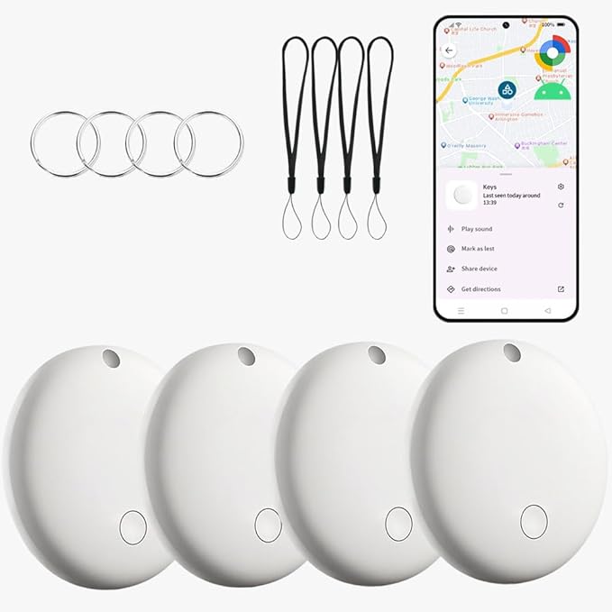 Bluetooth Tracker for Android (White, 4Pack), Works with Google Find My Device App, IP67 Waterproof, Replaceable Battery, Tracker Tag for Keys, Backpack, Suitcases, Travel and Commute
