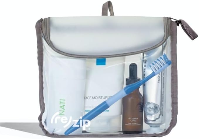 (re)zip TSA Approved Travel Toiletry Bag with Hanging Loop, Travel Quart Bag– Reusable Clear Makeup bags with zipper, Clear Pouch for Travel Essentials, Cosmetic | BPA-Free, Machine Washable - Gray