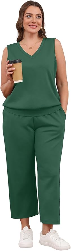 WIHOLL Two Piece Set for Women Summer Outfits Vacation Trendy Lounge Sets V Neck Matching Sets