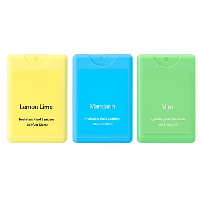 Set of 3 Power Mist Hydrating Hand Sanitizer Spray Bulk Travel Size Effective Hand Sanitizer 0.67 Fl. oz Compact Card Spray Bottle Mint Mandarin Lemon Lime Scent for Backpack Bathroom Baskets