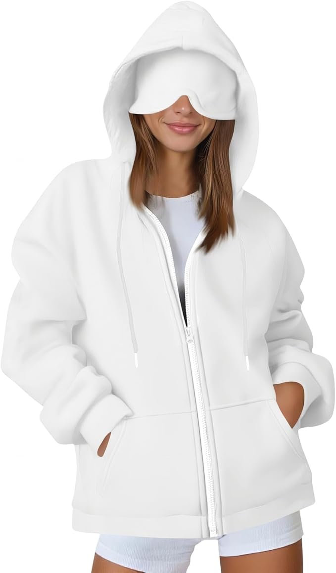 Travel Hoodie for Women Mens with Built In Eye Mask Hidden Pockets Airplane Travel Zip Up Outfits