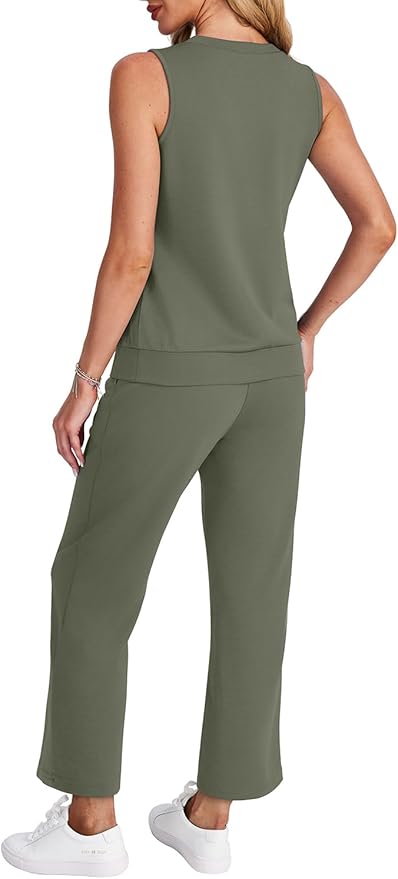 WIHOLL Two Piece Set for Women Summer Outfits Vacation Trendy Lounge Sets V Neck Matching Sets