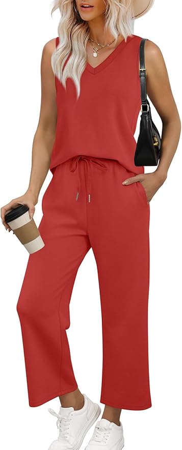 WIHOLL Two Piece Set for Women Summer Outfits Vacation Trendy Lounge Sets V Neck Matching Sets